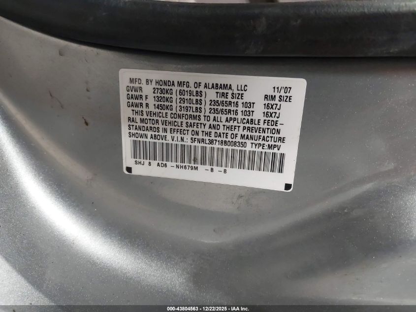 2008 Honda Odyssey Ex-L VIN: 5FNRL38718B008350 Lot: 43804563