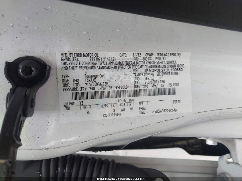 2013 Ford Focus Se VIN: 1FADP3F27DL199680 Lot: 43804567