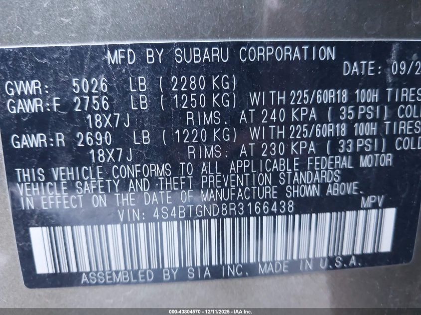 2024 Subaru Outback Limited Xt VIN: 4S4BTGND8R3166438 Lot: 43804570