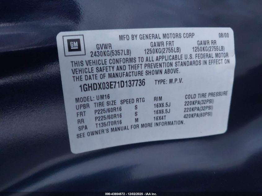 2001 Oldsmobile Silhouette Gls W/Abc Seats VIN: 1GHDX03E71D137736 Lot: 43804572