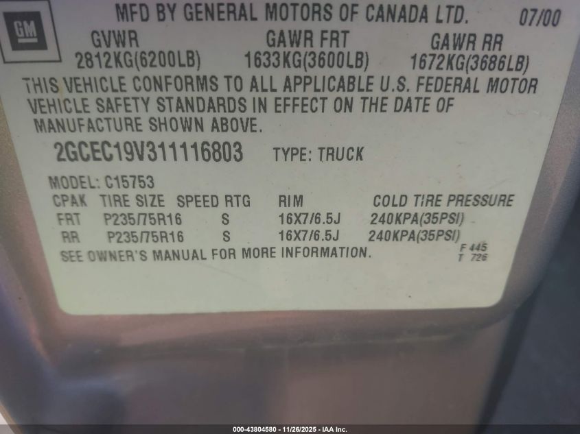 2001 Chevrolet Silverado 1500 Ls VIN: 2GCEC19V311116803 Lot: 43804580