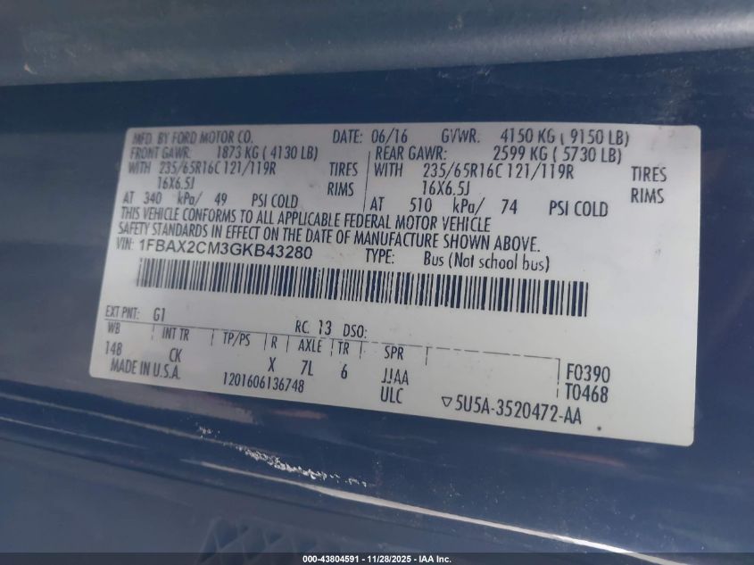2016 Ford Transit-350 Xl VIN: 1FBAX2CM3GKB43280 Lot: 43804591