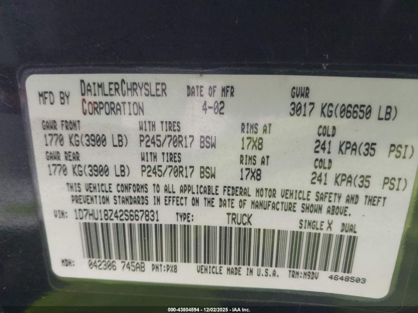 2002 Dodge Ram 1500 St VIN: 1D7HU18Z42S667831 Lot: 43804594