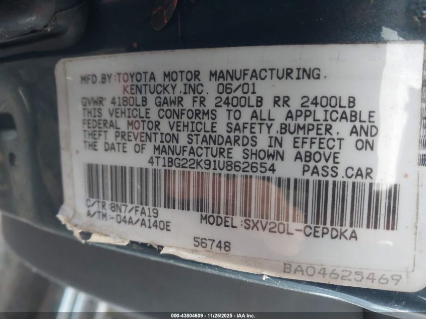 2001 Toyota Camry Ce VIN: 4T1BG22K91U862654 Lot: 43804609