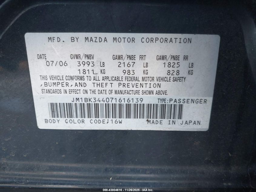 2007 Mazda Mazda3 S Touring VIN: JM1BK344071616139 Lot: 43804616