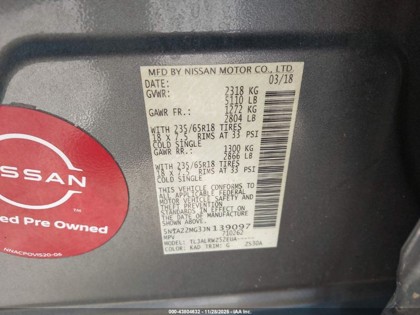 2018 Nissan Murano Sl VIN: 5N1AZ2MG3JN139097 Lot: 43804632