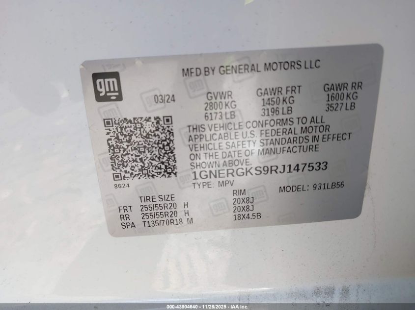 2024 Chevrolet Traverse Fwd Lt VIN: 1GNERGKS9RJ147533 Lot: 43804640