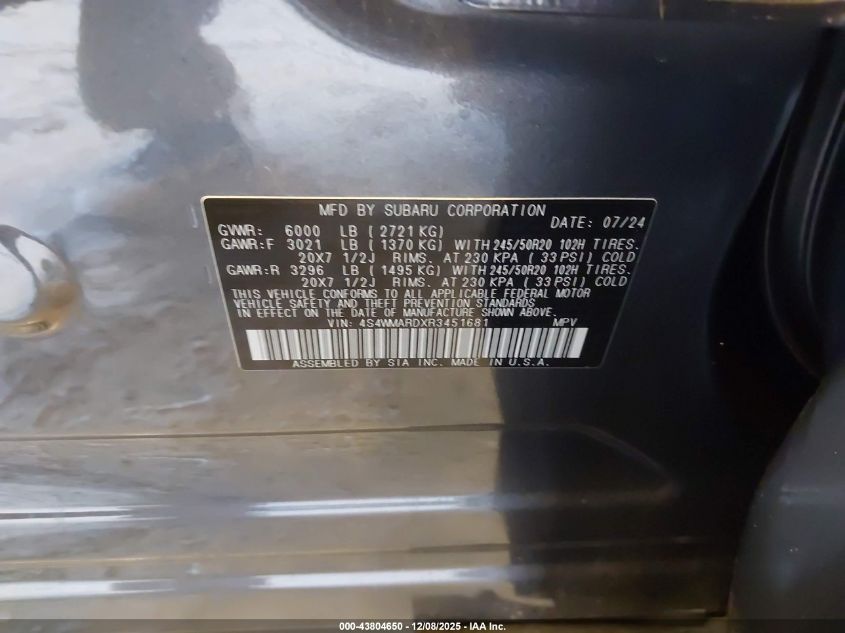 2024 Subaru Ascent Limited 8-Passenger VIN: 4S4WMARDXR3451681 Lot: 43804650