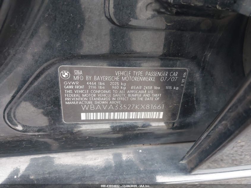 2007 BMW 328I VIN: WBAVA33527KX81661 Lot: 43804652