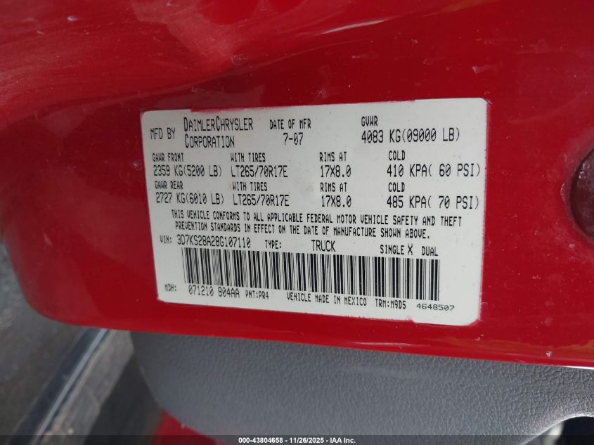 2008 Dodge Ram 2500 Slt VIN: 3D7KS28A28G107110 Lot: 43804658