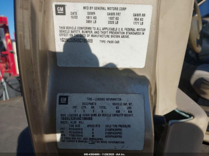 2003 Oldsmobile Alero Gl1 VIN: 1G3NL52E43C186468 Lot: 43804665