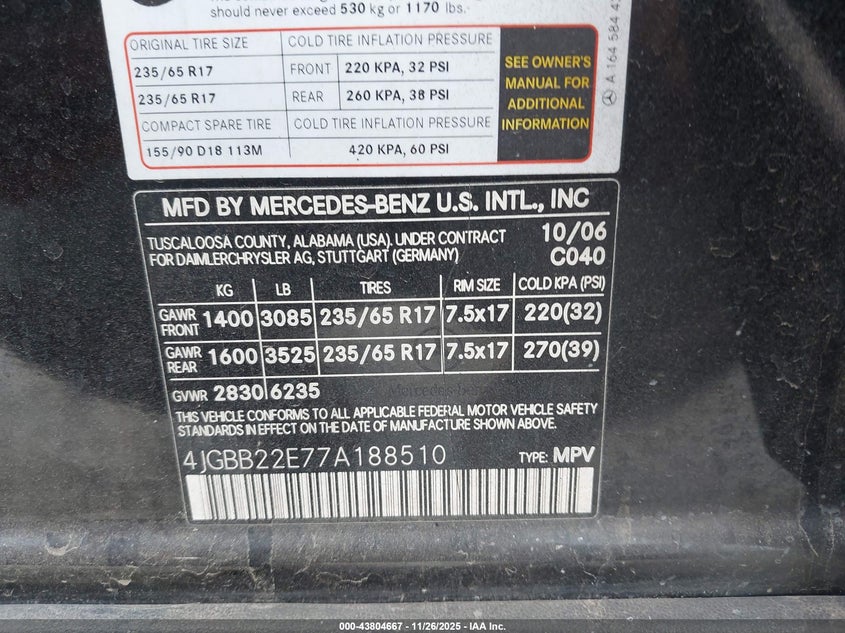 2007 Mercedes-Benz Ml 320 Cdi 4Matic VIN: 4JGBB22E77A188510 Lot: 43804667