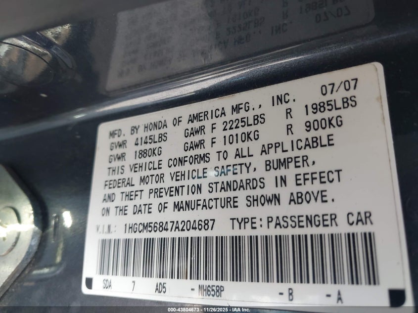 2007 Honda Accord 2.4 Ex VIN: 1HGCM56847A204687 Lot: 43804673