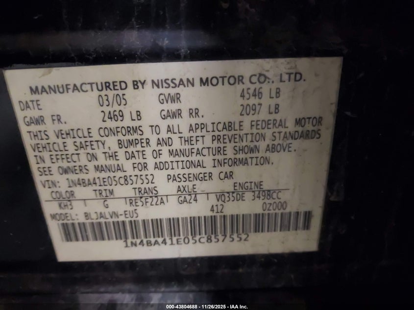 2005 Nissan Maxima 3.5 Sl VIN: 1N4BA41E05C857552 Lot: 43804688