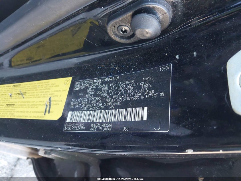 2008 Lexus Rx 400H VIN: JTJGW31U682850129 Lot: 43804696