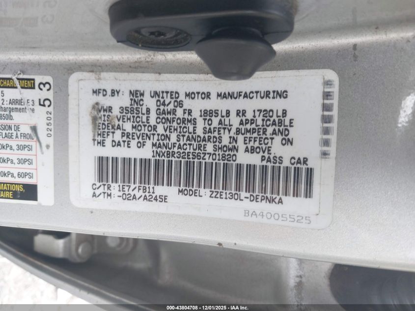 2006 Toyota Corolla Le VIN: 1NXBR32E56Z701820 Lot: 43804708