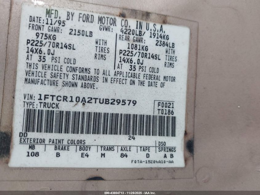 1996 Ford Ranger VIN: 1FTCR10A2TUB29579 Lot: 43804713