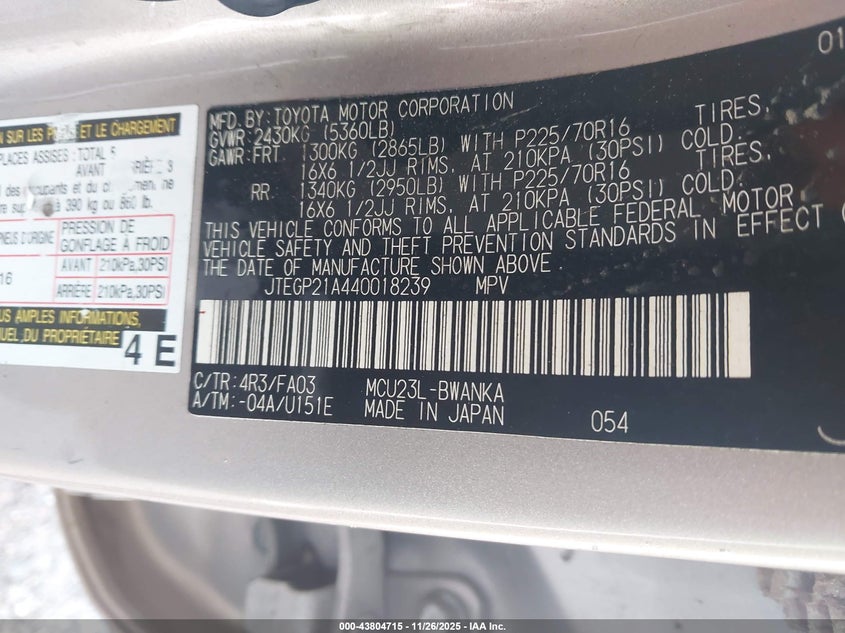 2004 Toyota Highlander V6 VIN: JTEGP21A440018239 Lot: 43804715