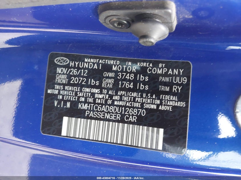 2013 Hyundai Veloster Base W/Black VIN: KMHTC6AD8DU126870 Lot: 43804716