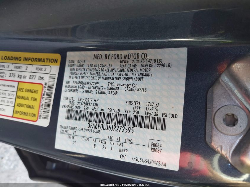 2018 Ford Fusion Hybrid Se VIN: 3FA6P0LU6JR272595 Lot: 43804732