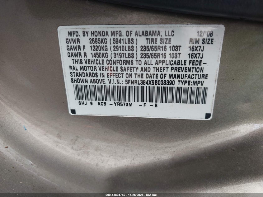 2009 Honda Odyssey Ex VIN: 5FNRL384X9B038390 Lot: 43804740