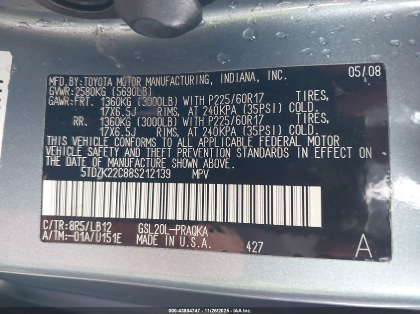 2008 Toyota Sienna VIN: 5TDZK22C88S212139 Lot: 43804747