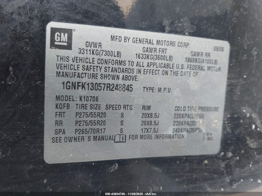 2007 Chevrolet Tahoe Ltz VIN: 1GNFK13057R248845 Lot: 43804756