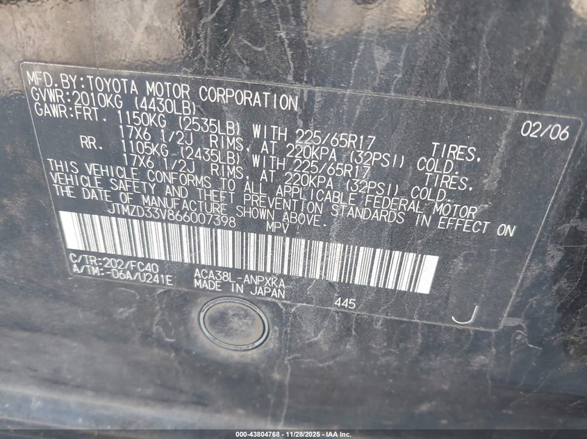2006 Toyota Rav4 VIN: JTMZD33V866007398 Lot: 43804768