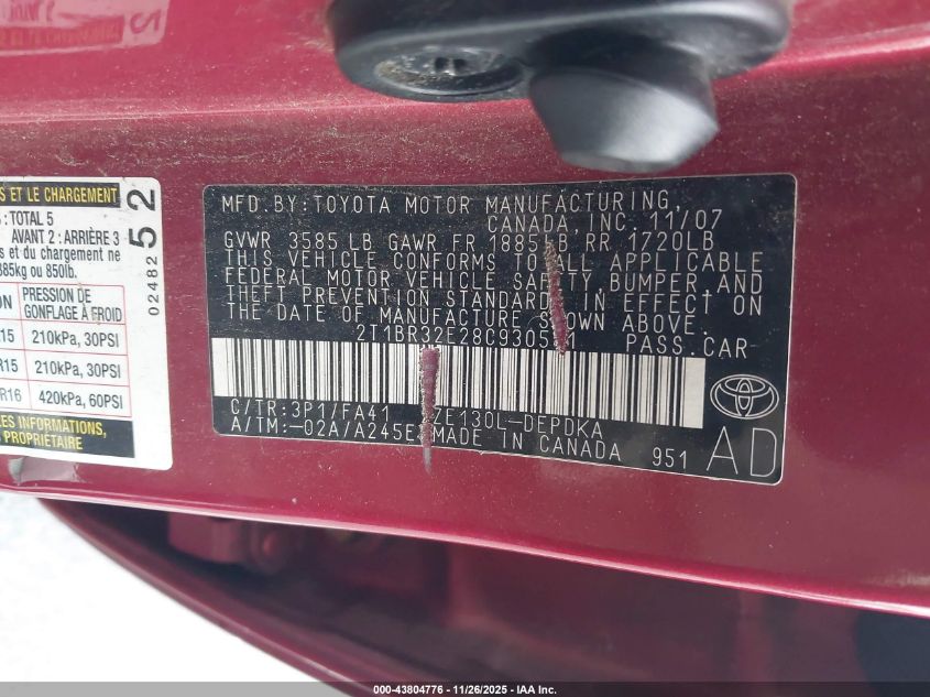 2008 Toyota Corolla Ce VIN: 2T1BR32E28C930511 Lot: 43804776