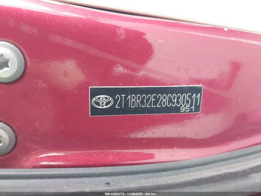 2008 Toyota Corolla Ce VIN: 2T1BR32E28C930511 Lot: 43804776