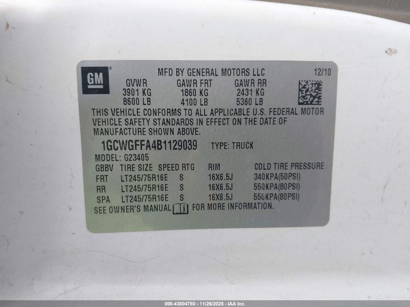 2011 Chevrolet Express 2500 Work Van VIN: 1GCWGFFA4B1129039 Lot: 43804780