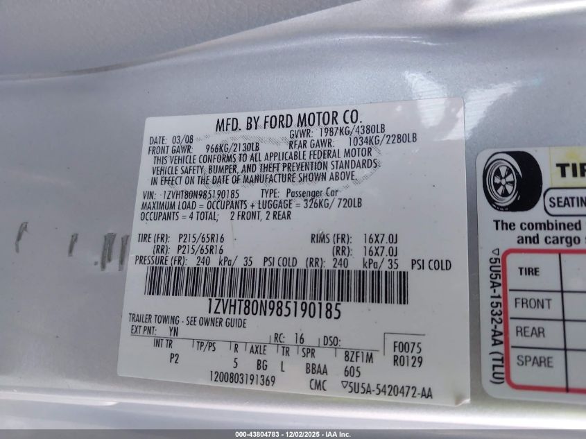 2008 Ford Mustang V6 Deluxe/V6 Premium VIN: 1ZVHT80N985190185 Lot: 43804783