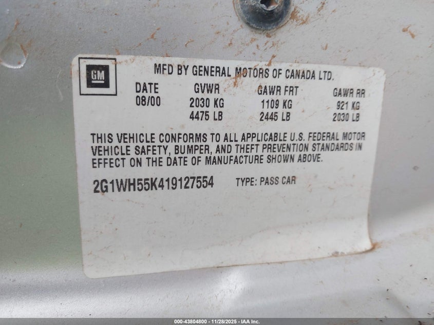 2001 Chevrolet Impala Ls VIN: 2G1WH55K419127554 Lot: 43804800
