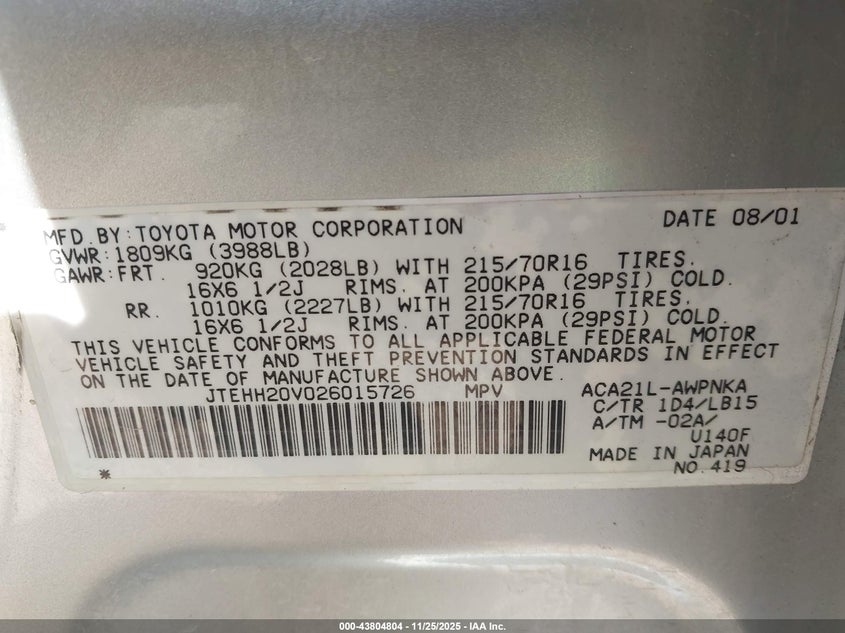 2002 Toyota Rav4 VIN: JTEHH20V026015726 Lot: 43804804