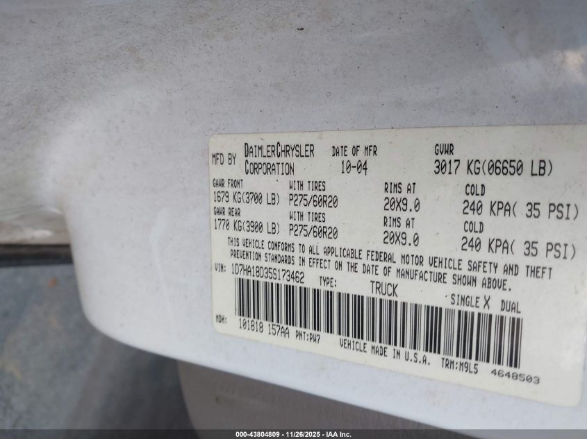 2005 Dodge Ram 1500 Slt/Laramie VIN: 1D7HA18D35S173462 Lot: 43804809