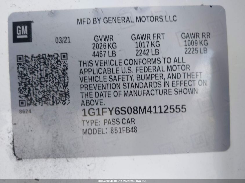 2021 Chevrolet Bolt Ev Fwd Lt VIN: 1G1FY6S08M4112555 Lot: 43804810