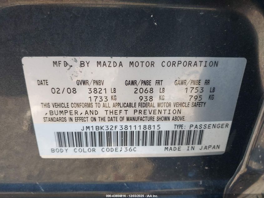 2008 Mazda Mazda3 I Touring Value VIN: JM1BK32F381118815 Lot: 43804816