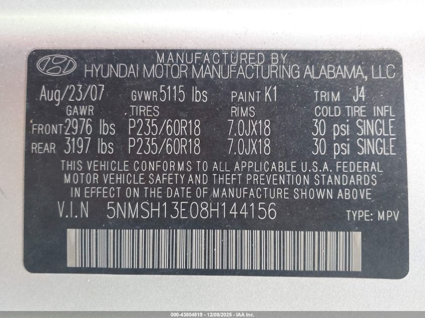 2008 Hyundai Santa Fe Limited/Se VIN: 5NMSH13E08H144156 Lot: 43804819
