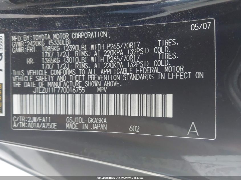 2007 Toyota Fj Cruiser VIN: JTEZU11F770016755 Lot: 43804825