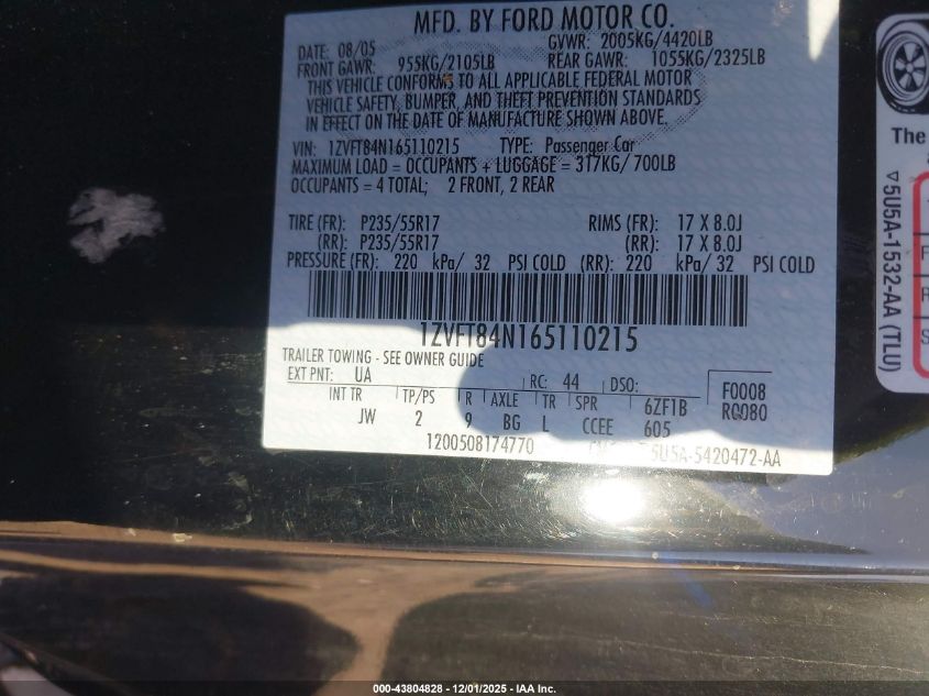 2006 Ford Mustang V6 VIN: 1ZVFT84N165110215 Lot: 43804828