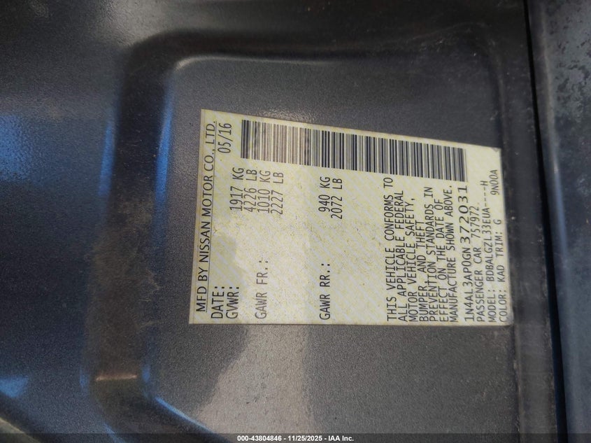 2016 Nissan Altima 2.5 S VIN: 1N4AL3AP0GN372031 Lot: 43804846