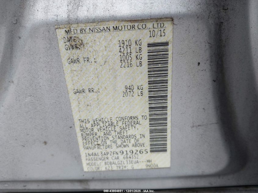 2015 Nissan Altima 2.5 S VIN: 1N4AL3AP2FN919265 Lot: 43804851