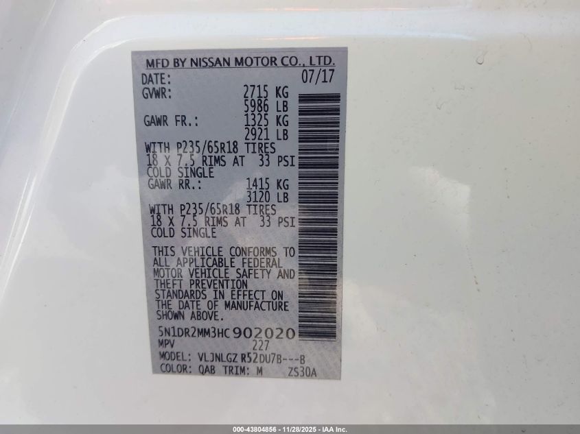 2017 Nissan Pathfinder Sl VIN: 5N1DR2MM3HC902020 Lot: 43804856