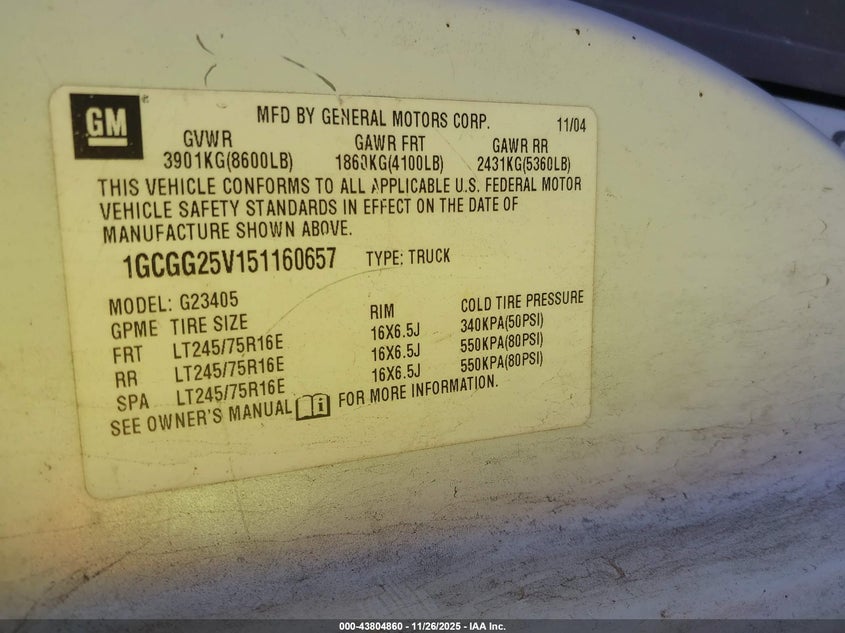 2005 Chevrolet Express VIN: 1GCGG25V151160657 Lot: 43804860