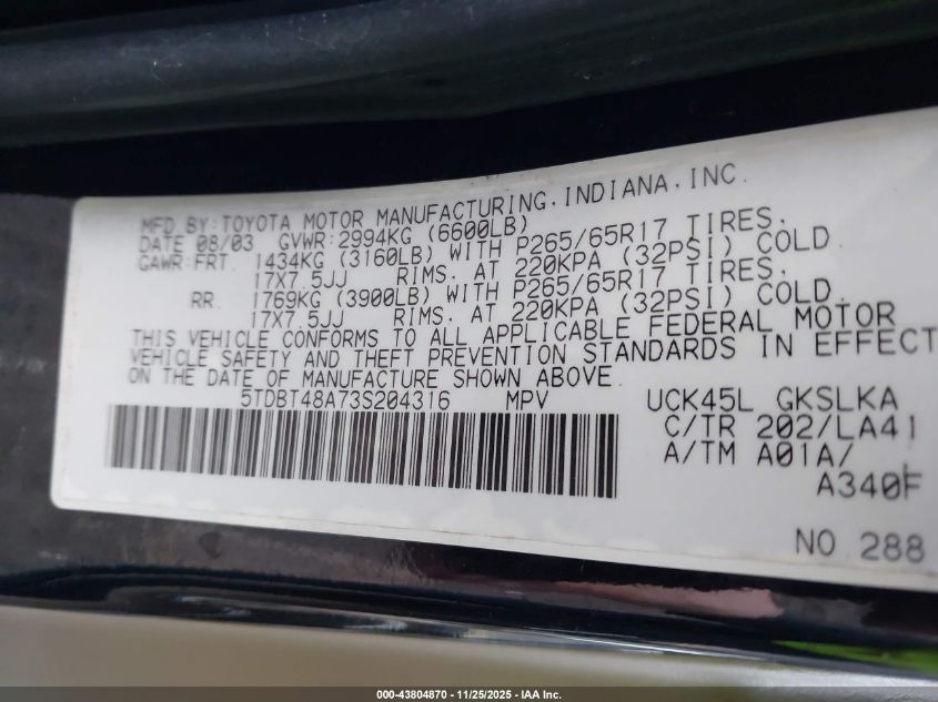 2003 Toyota Sequoia Limited V8 VIN: 5TDBT48A73S204316 Lot: 43804870