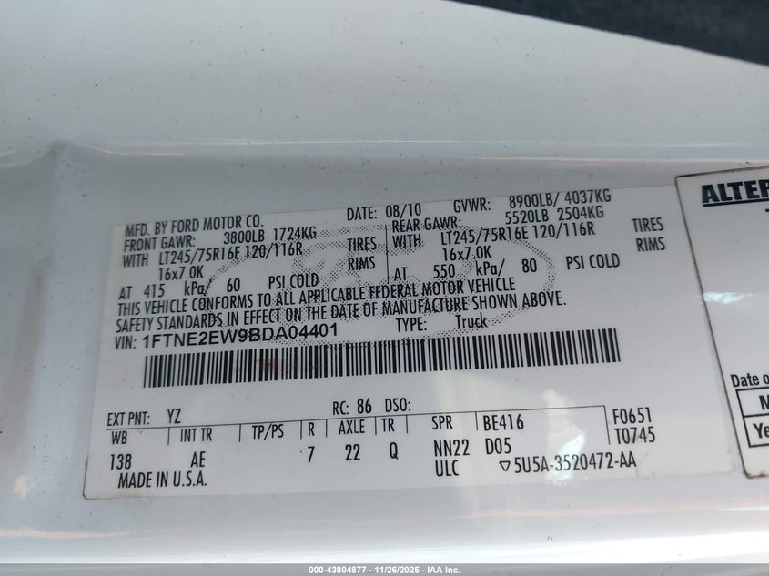 2011 Ford E-250 Commercial VIN: 1FTNE2EW9BDA04401 Lot: 43804877