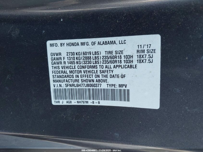 2018 Honda Odyssey Ex-L VIN: 5FNRL6H77JB060377 Lot: 43804881