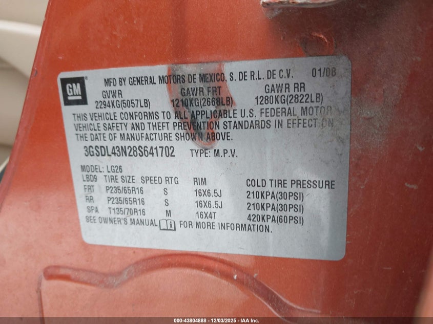 3GSDL43N28S641702 2008 SATURN VUE photo no. 9