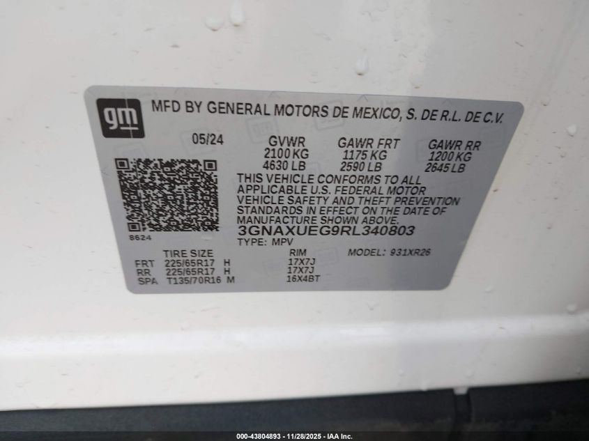 2024 Chevrolet Equinox Awd Lt VIN: 3GNAXUEG9RL340803 Lot: 43804893