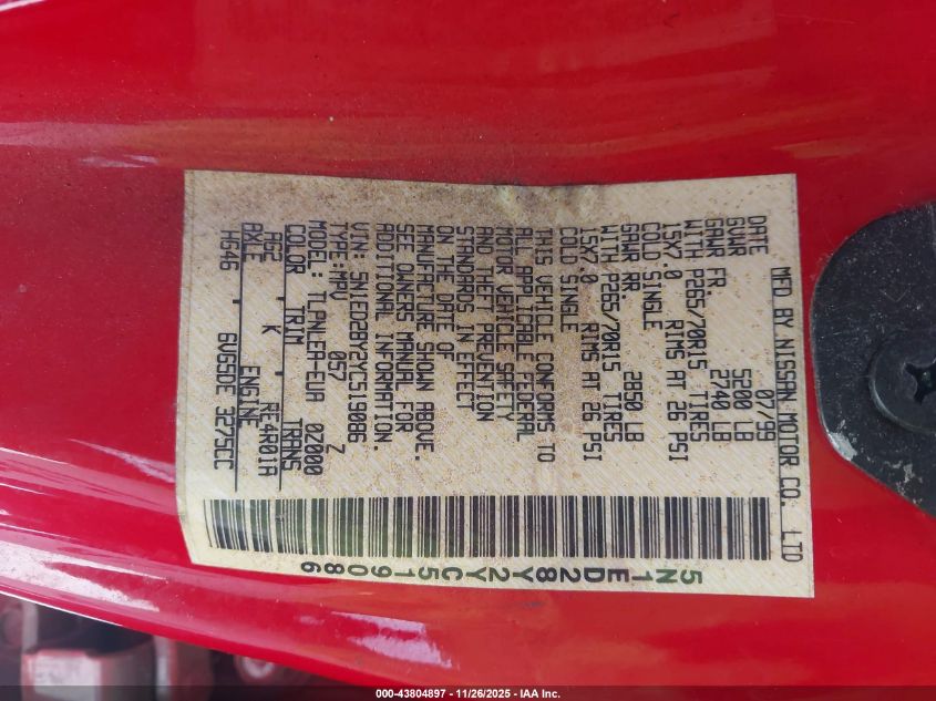 2000 Nissan Xterra Se/Xe VIN: 5N1ED28Y2YC519086 Lot: 43804897